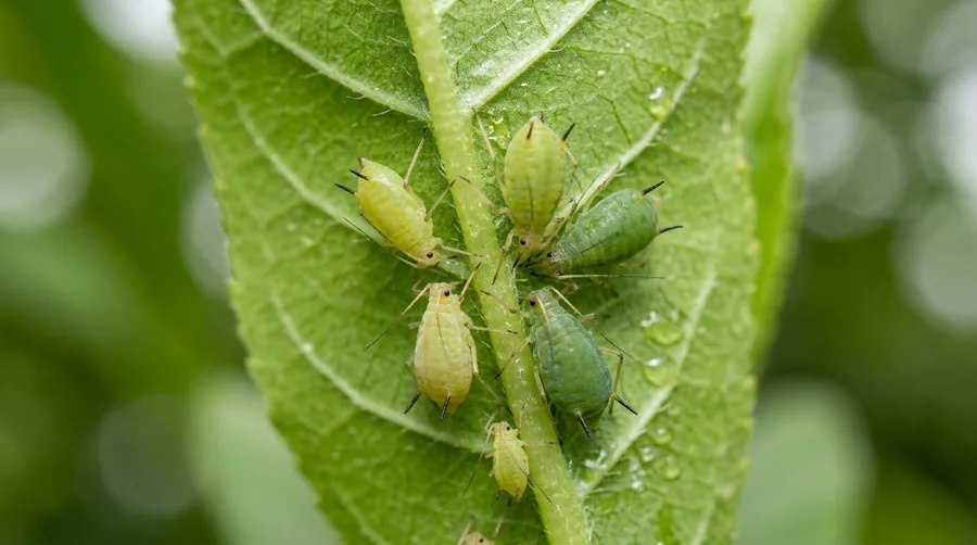 Cluster of tiny pale green aphids on the underside of a plant leaf