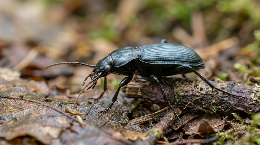 Shiny black ground beetle with ridged wing covers on soil