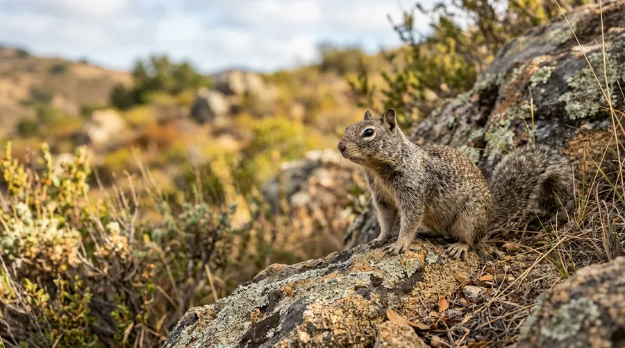 Mottled brown ground squirrel standing upright beside a burrow opening in a field