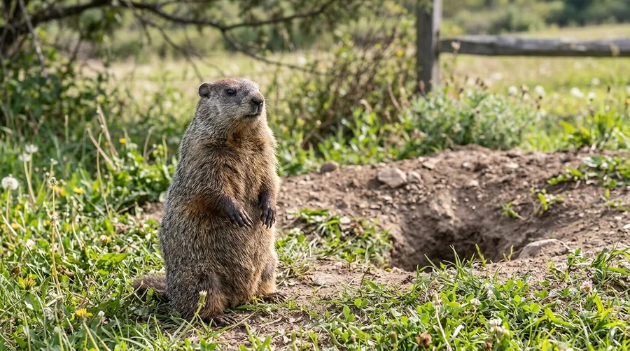 Brown groundhog standing upright at the entrance of a burrow in a grassy yard