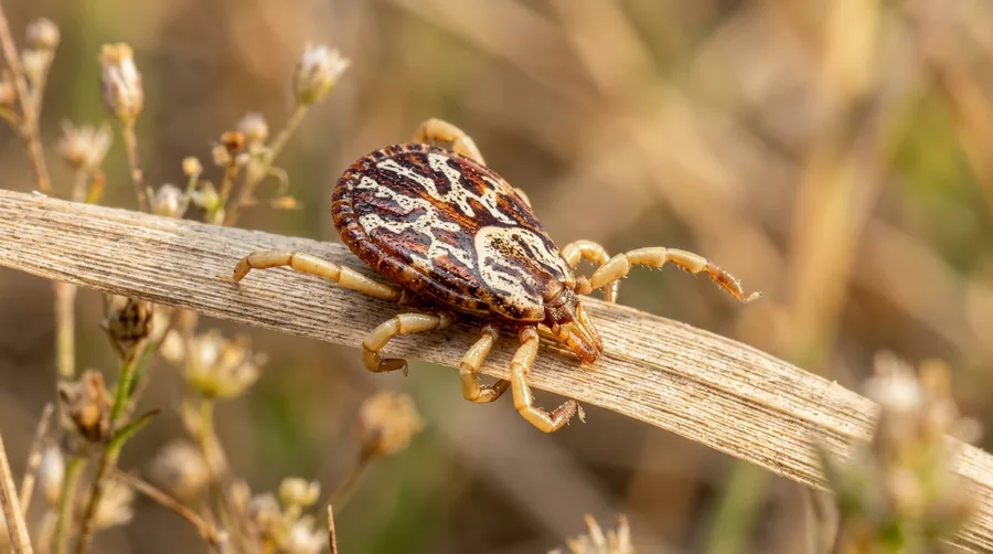 Brown Gulf Coast tick with silvery ornate markings on its shield resting on a blade of grass