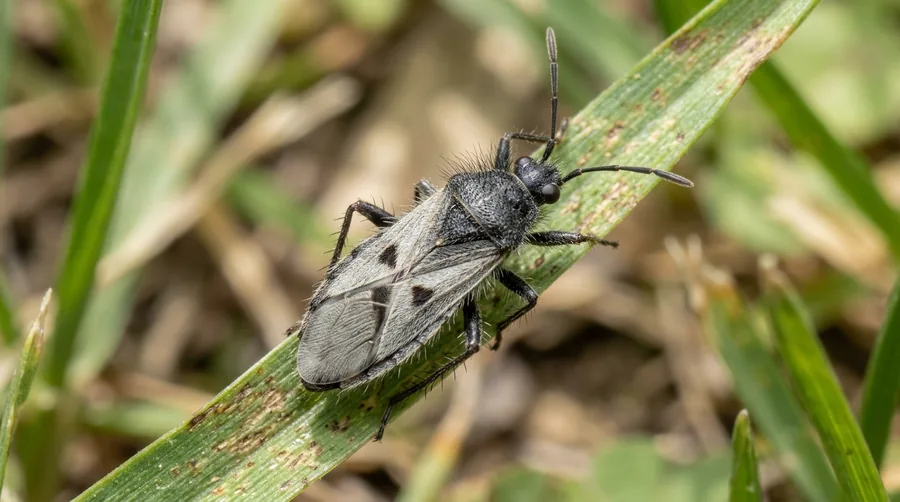 Tiny black-and-white hairy chinch bug on grass blades above sun-scorched brown turf