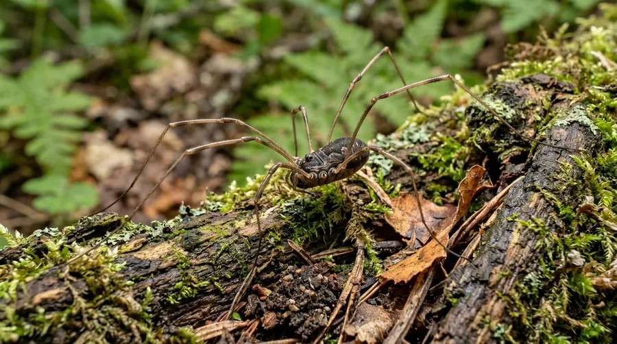 Small round-bodied harvestman with very long thin legs on a shaded wall