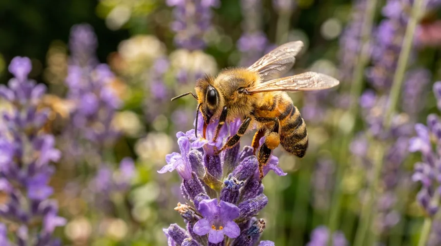 Golden-brown fuzzy honey bee with dark bands collecting pollen from a yellow flower