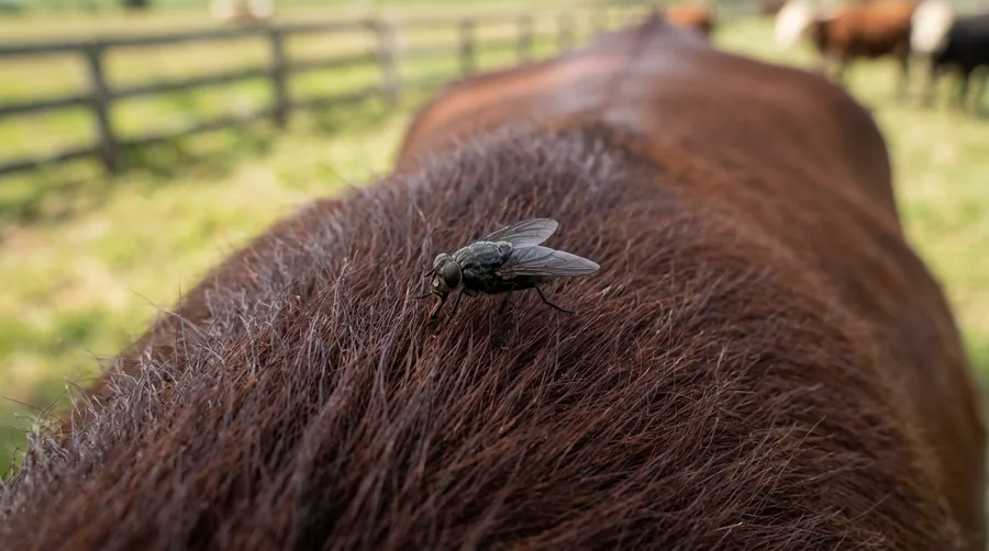 Small dark horn flies clustered on the back of a cow feeding on the animal