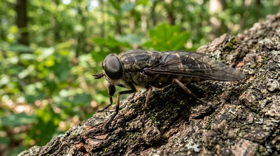 Large dark horse fly with big iridescent eyes resting on a wooden surface
