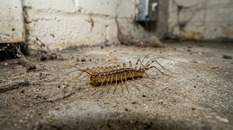 Grayish-yellow house centipede with many long legs on a basement wall