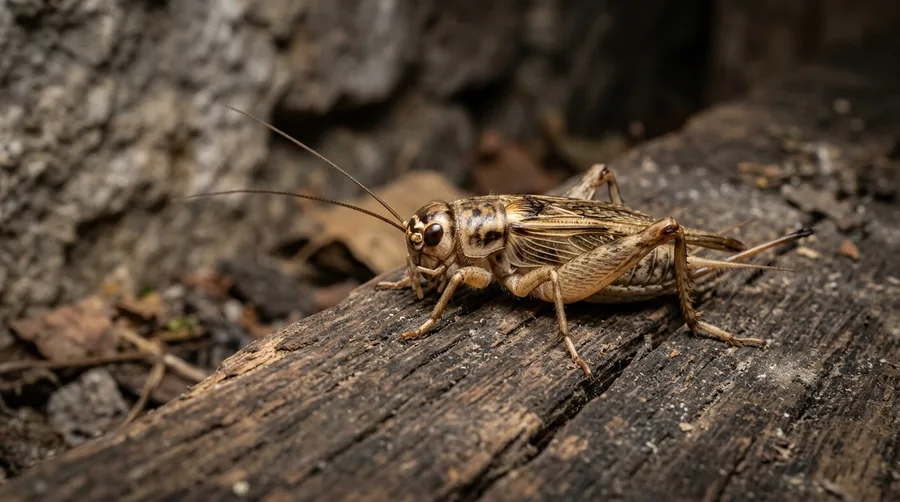 Light yellowish-brown house cricket with long antennae on a concrete basement floor