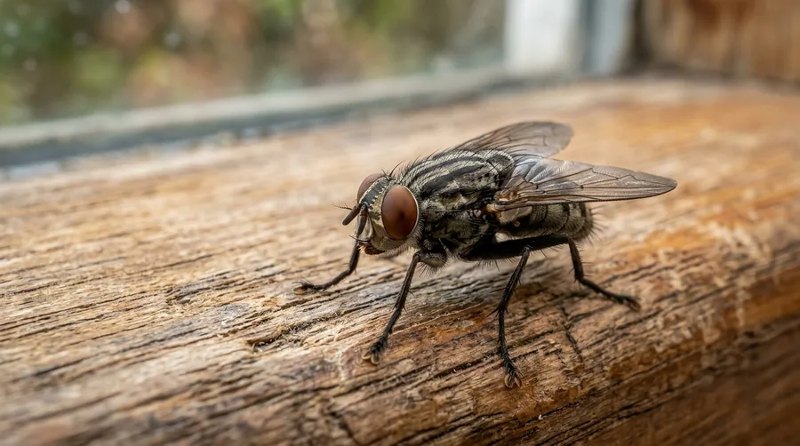 Gray house fly with red eyes and four dark thoracic stripes resting on a kitchen surface