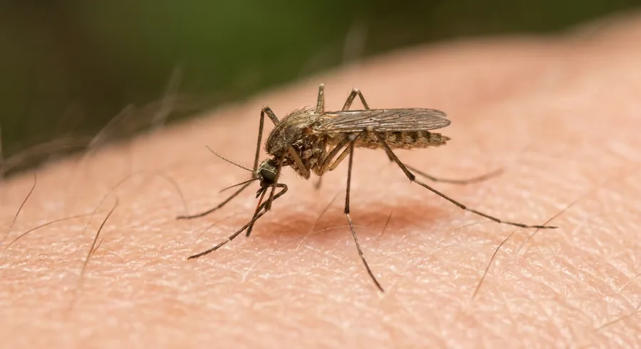 Slender brown Culex house mosquito with long legs resting on human skin