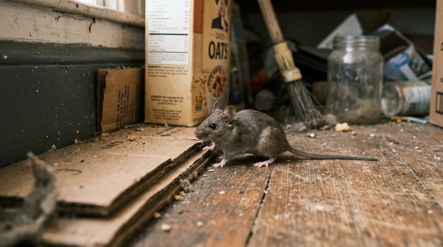 Small gray-brown house mouse with large ears and a long thin tail on a wooden floor