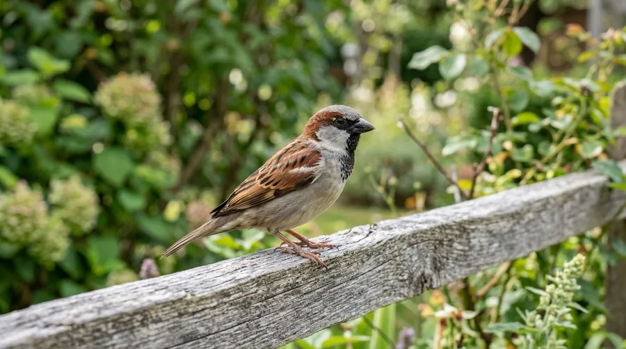 Brown male house sparrow with a gray crown and black throat bib perched on a gutter