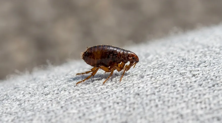 Dark reddish-brown human flea with a flattened jumping body on a light background