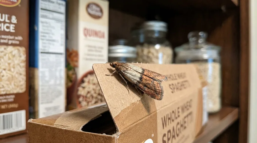Small moth with pale gray base and coppery wingtips resting on a pantry shelf