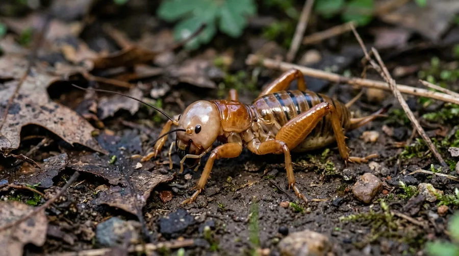 Large amber-brown Jerusalem cricket with a bulbous head and black-banded abdomen on soil