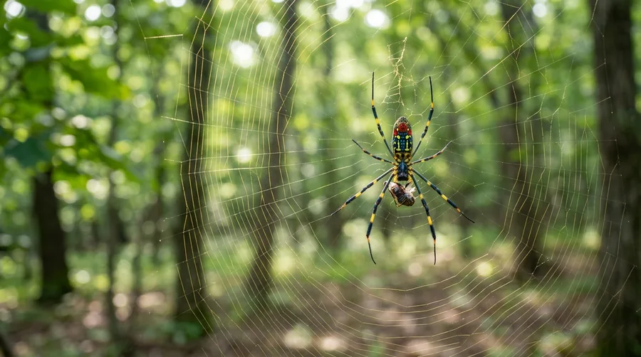 Large yellow, blue-gray, and red Joro spider hanging head-down in a golden orb web