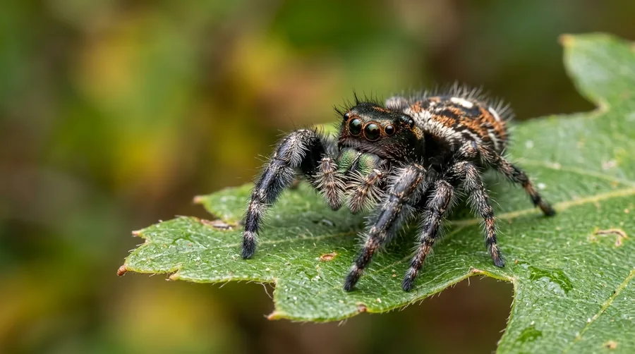 Small fuzzy black jumping spider with large forward-facing eyes perched on a leaf