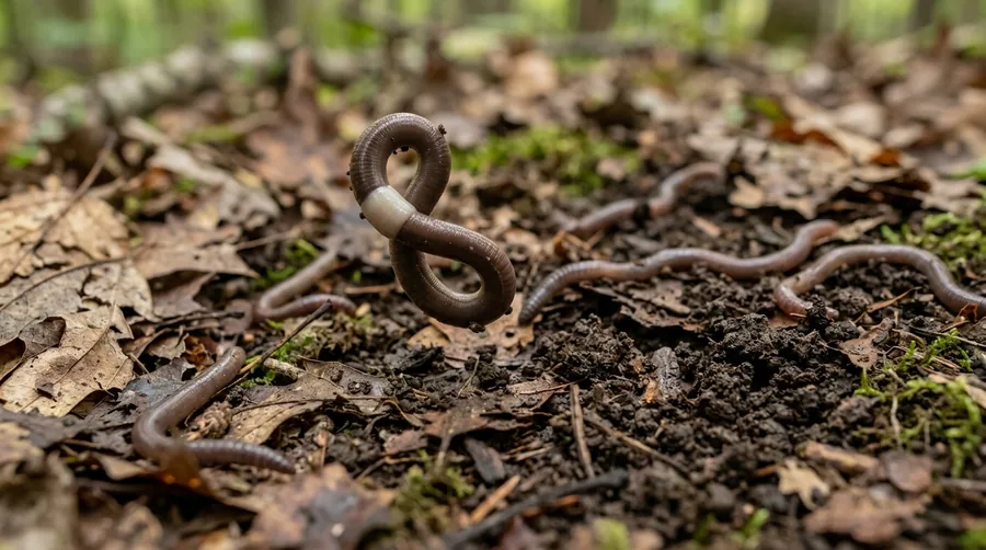Dark jumping worm with a smooth milky-white band thrashing in dark, granular soil