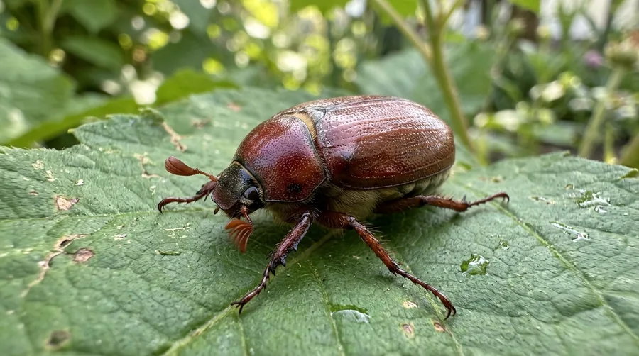 Robust reddish-brown June beetle resting on a leaf at night