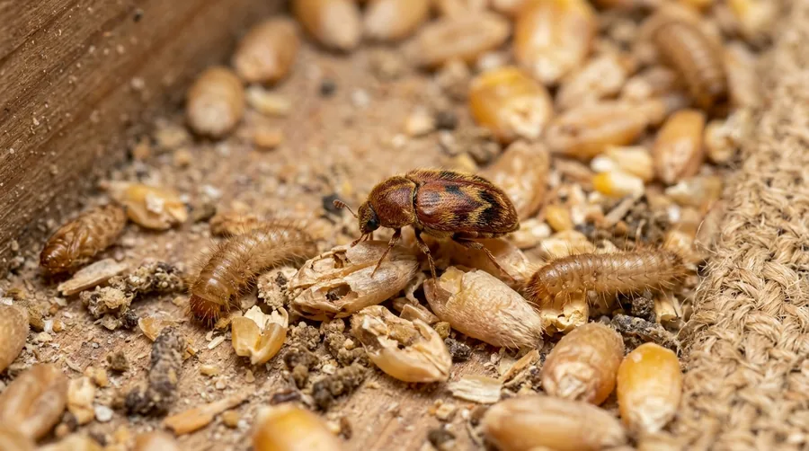Small oval mottled brown khapra beetle and hairy larva on damaged wheat kernels