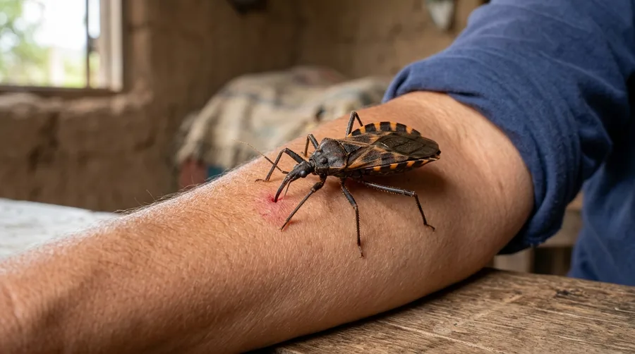 Large dark brown kissing bug with red-orange bands along its abdomen and a cone-shaped head