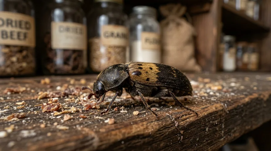 Dark larder beetle with a pale banded stripe across its wing covers on a pantry surface