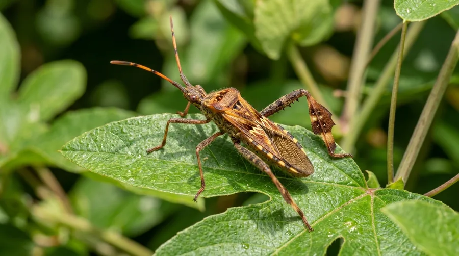 Brown leaffooted bug with flattened leaf-like hind legs feeding on a ripening tomato