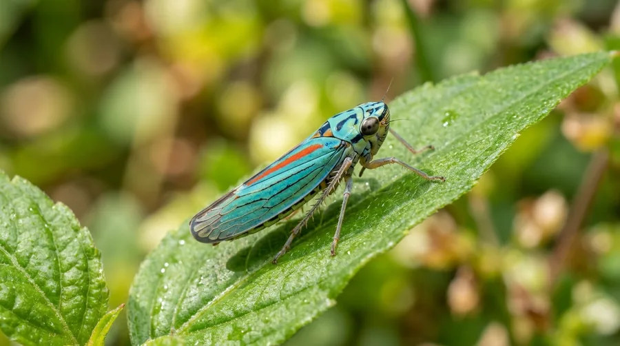 Slender green wedge-shaped leafhopper resting on the edge of a green leaf