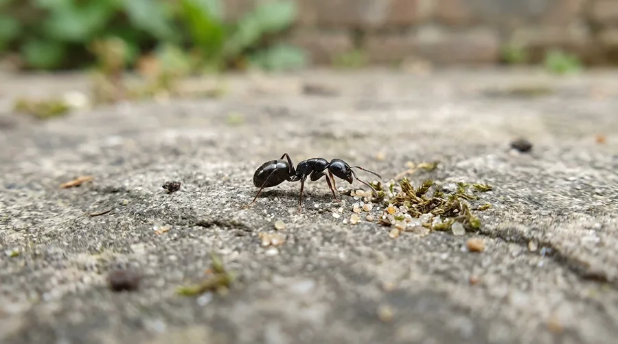 A thin trail of tiny shiny black little black ants crossing a kitchen counter