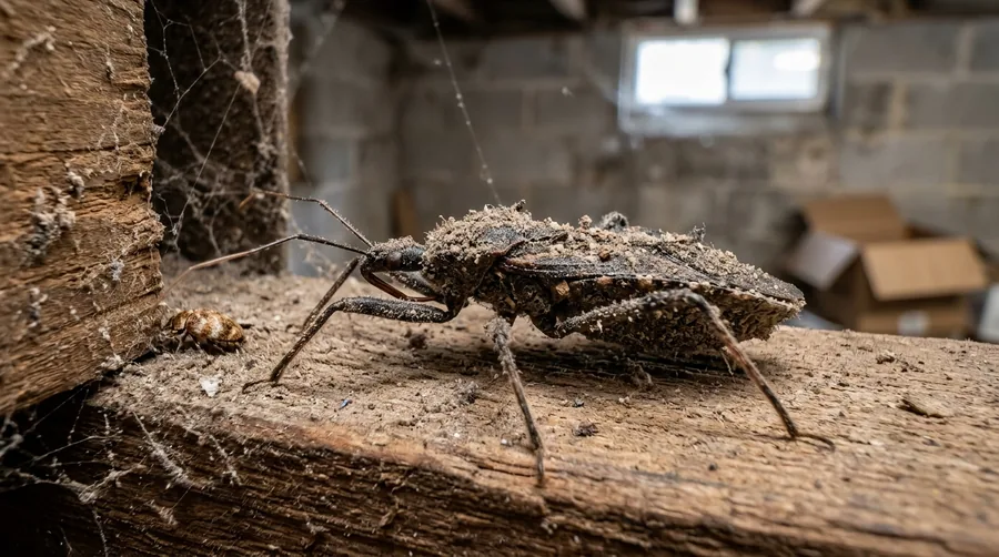 Shiny black masked hunter assassin bug with a narrow head and curved beak on a wall