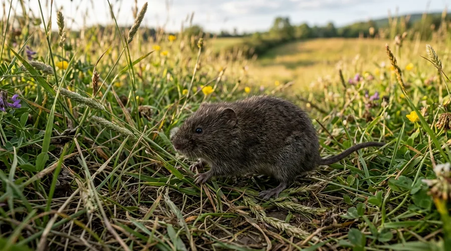 Stocky brown meadow vole with a blunt snout and short tail in grass