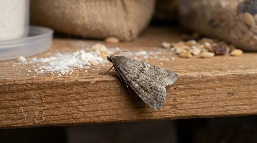 Pale gray Mediterranean flour moth with wavy black forewing lines resting near milled flour