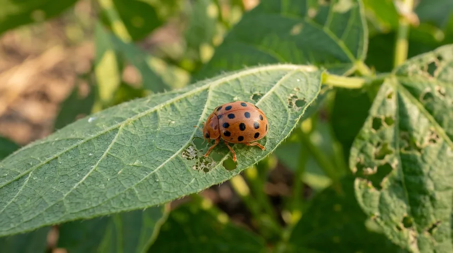 Copper-colored Mexican bean beetle with black spots beside a lacy skeletonized bean leaf
