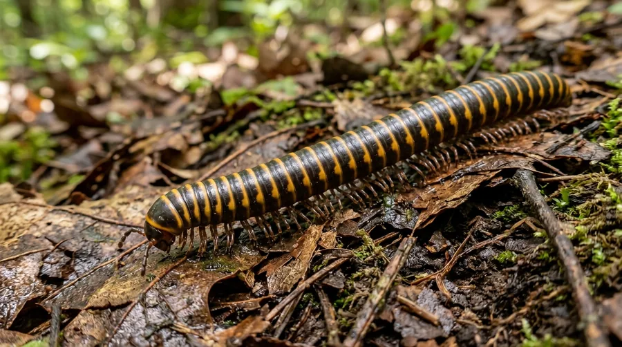 Dark cylindrical millipede coiled into a spiral on damp soil and leaf litter