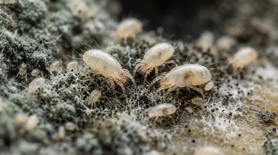 Whitish-tan mold mites clustered as a moving film on a damp, mold-spotted surface