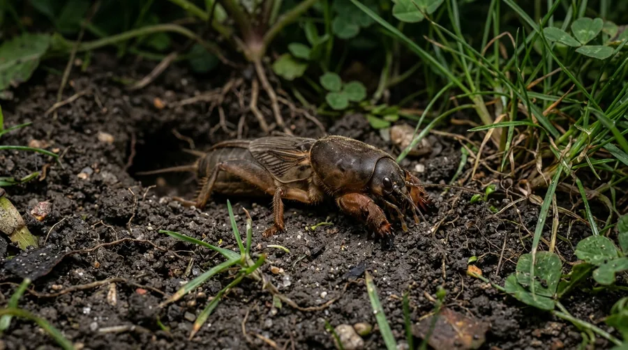 Brown mole cricket with shovel-like front legs on sandy soil