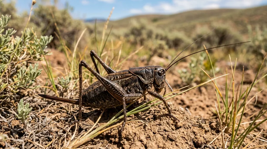 Large brown flightless Mormon cricket katydid walking across dry rangeland soil
