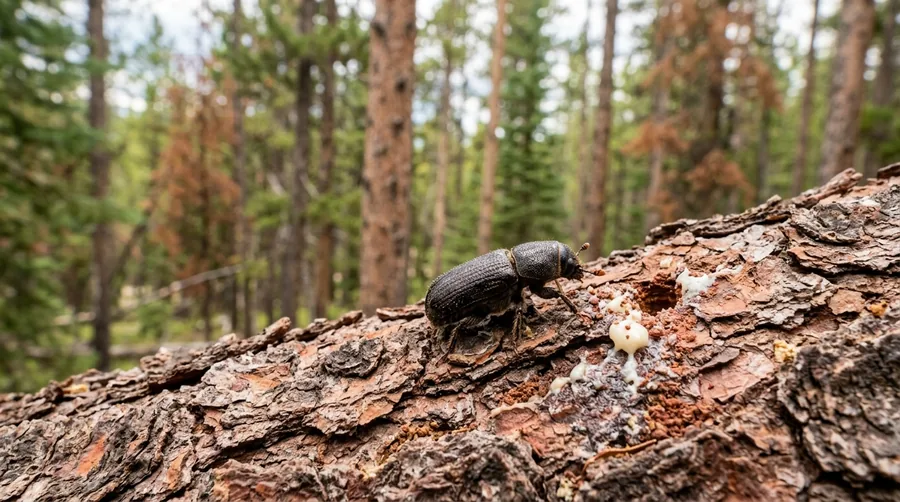 Small black mountain pine beetle on ponderosa pine bark near a cream-colored pitch tube