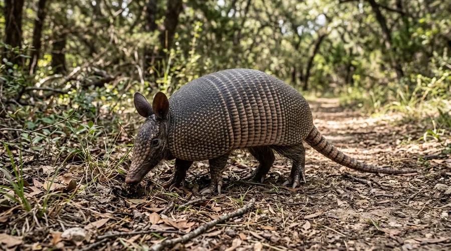 Armored nine-banded armadillo rooting in soil with its long snout in a southern lawn