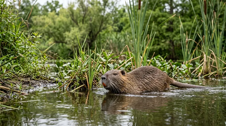 Large brown nutria with orange front teeth and a round rat-like tail at a marshy water's edge