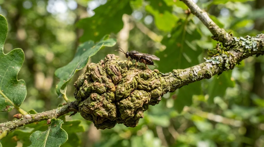 Round woody oak apple gall attached to an oak twig, caused by a tiny gall wasp