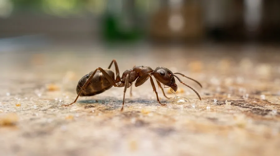 Tiny dark brown odorous house ants following a trail across a kitchen countertop