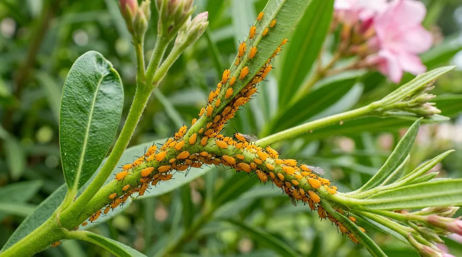 Bright yellow oleander aphids with black legs clustered densely on a milkweed stem