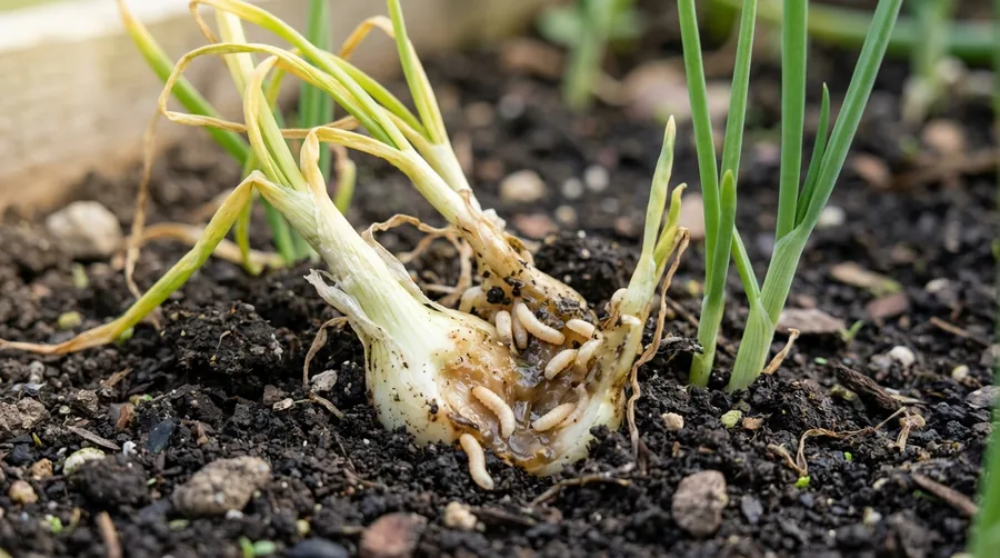 White legless onion maggots tunneling inside a cut onion bulb showing rot