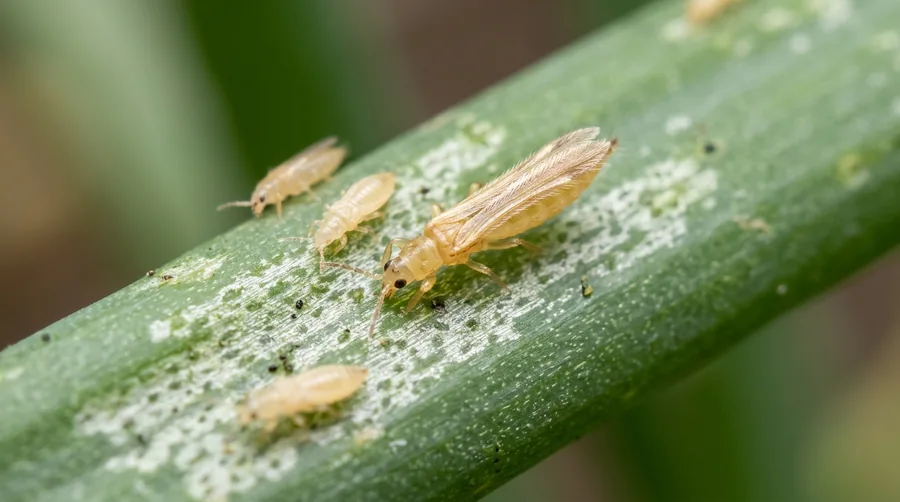 Tiny slender pale-yellow onion thrips clustered in the leaf base of an onion plant