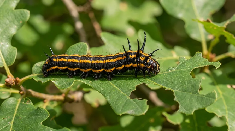 Black orangestriped oakworm caterpillar with orange stripes and two curved horns behind its head on an oak leaf