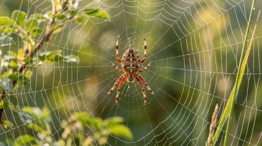 Large orb-weaver spider sitting in the center of a classic circular wheel-shaped web at dusk