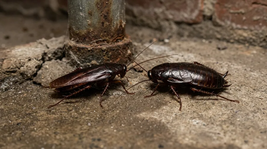 Dark brown to glossy black Oriental cockroach on a damp concrete basement floor