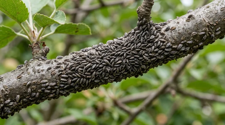 Brown oystershell-shaped armored scales encrusting the bark of a lilac twig
