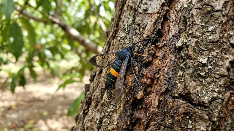 Metallic blue-black peachtree borer clearwing moth resembling a wasp with an orange-banded abdomen